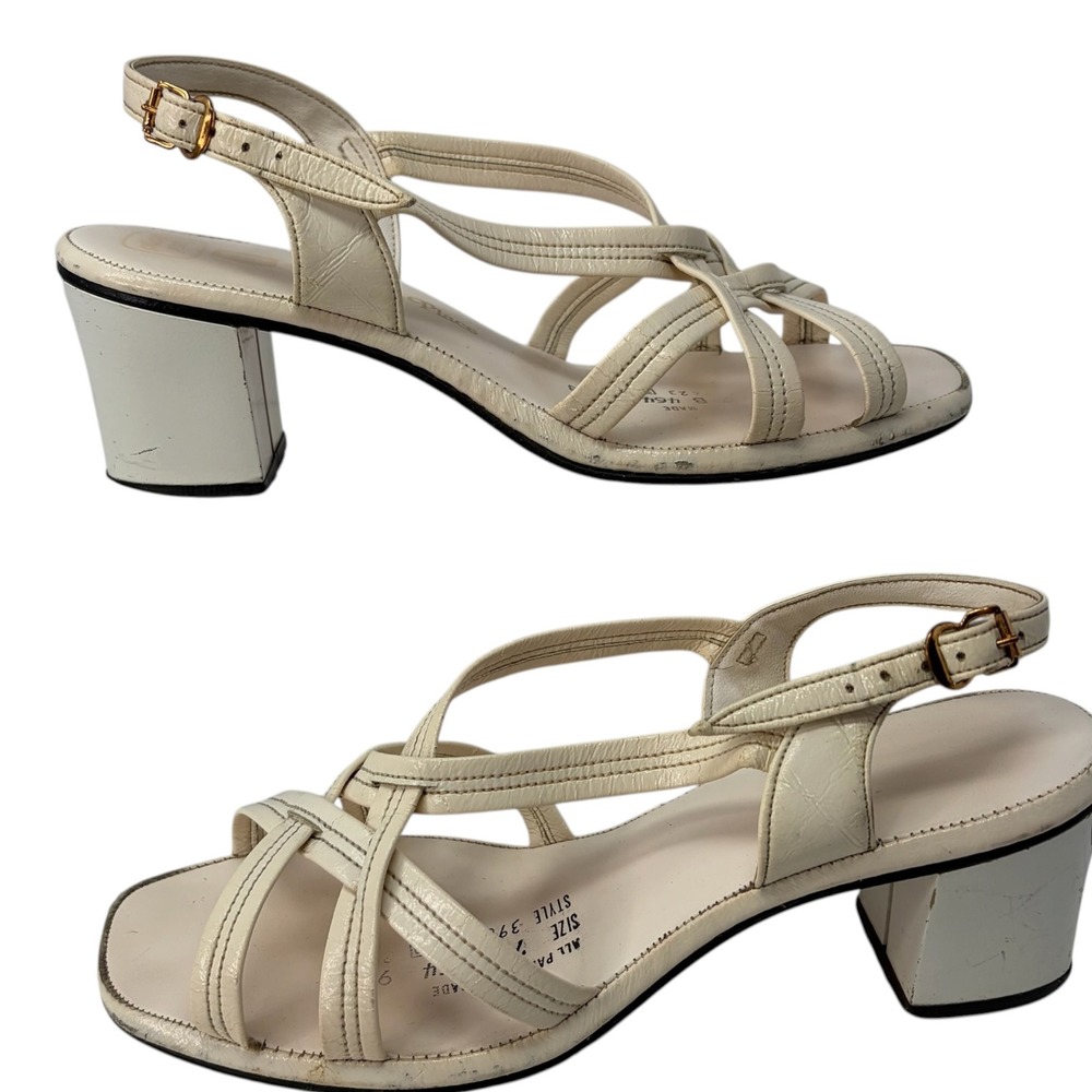 Vintage 1970s The Shoe Place Yellow Box Heels Womens 7 B Ivory Strappy Sandals